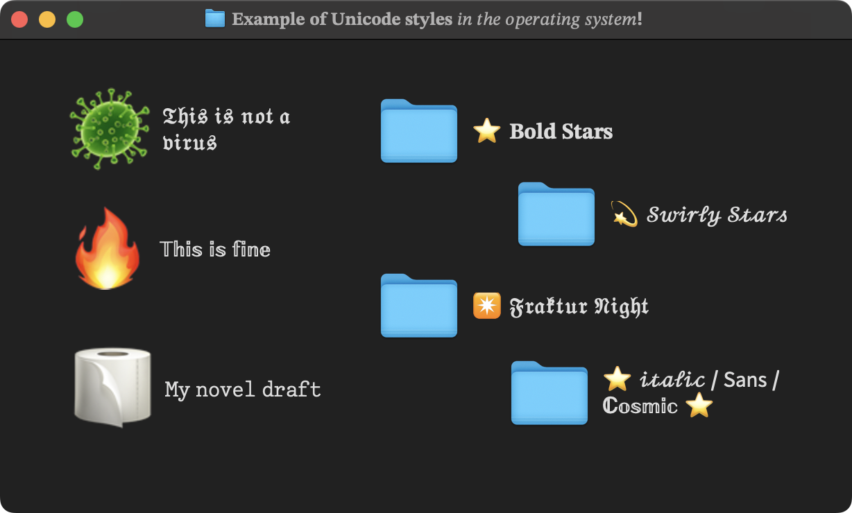 Dossiers et fichiers avec des noms stylisés en Unicode