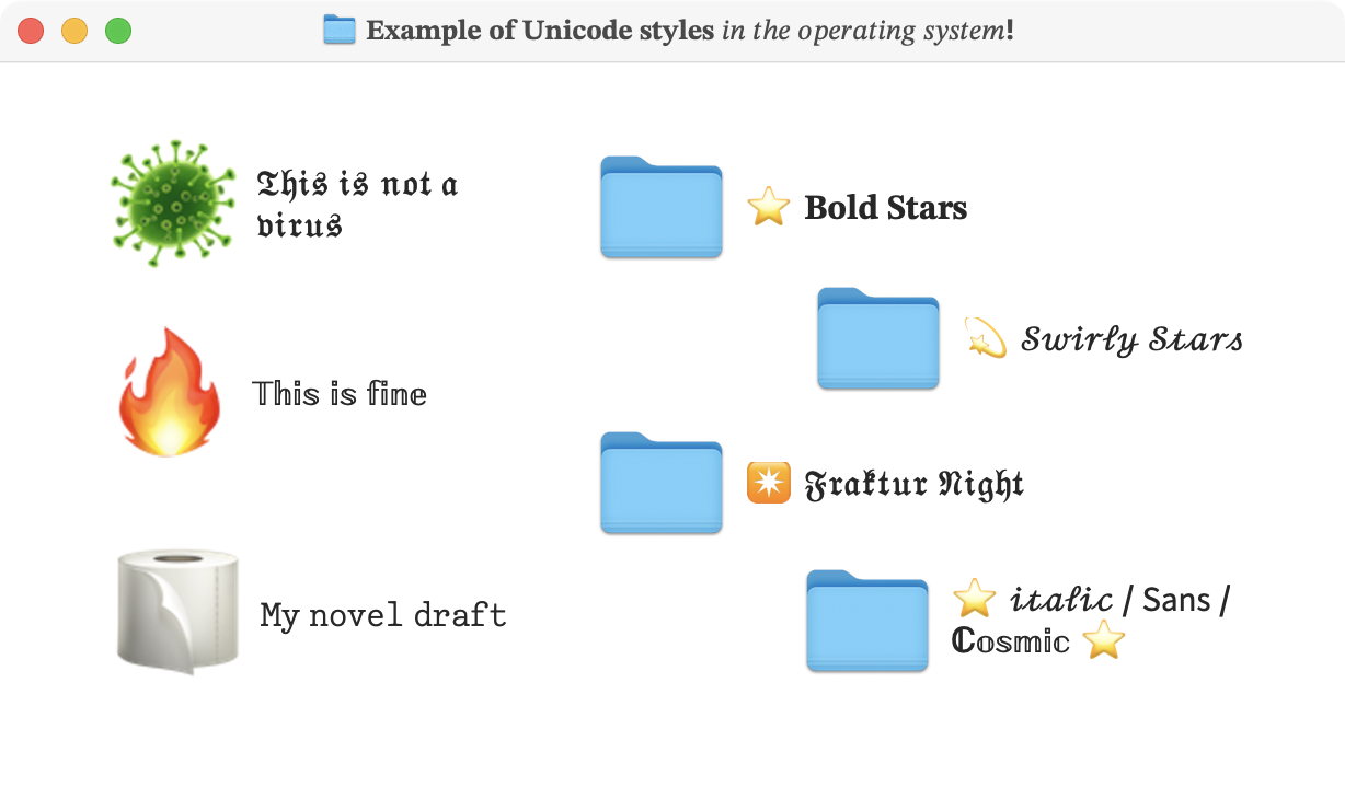 Dossiers et fichiers avec des noms stylisés en Unicode